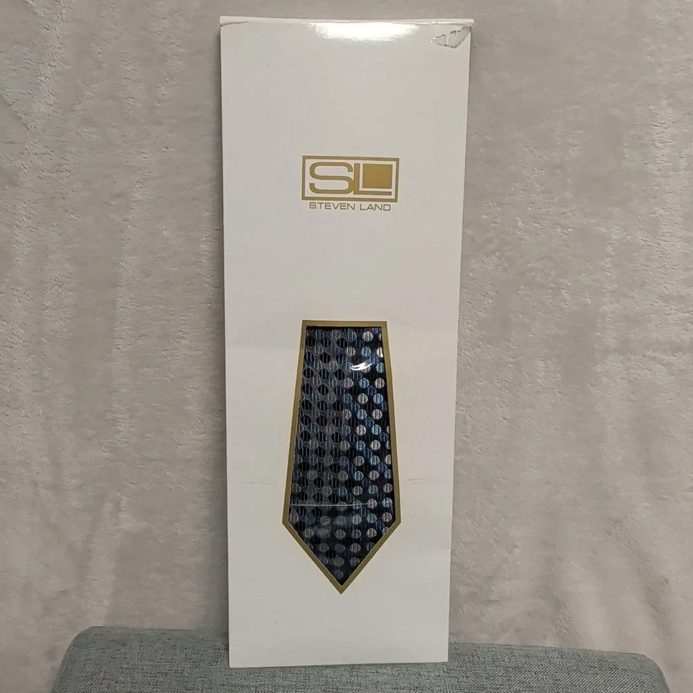 New Steven Land RHM Premier Mens Blue Silver Geometric Silk Tie‎ Made in Italy